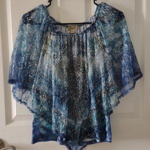 Blue Green Tie-Dye Lace Doleman Sleeve Tank Top Blouse Hippie-Style